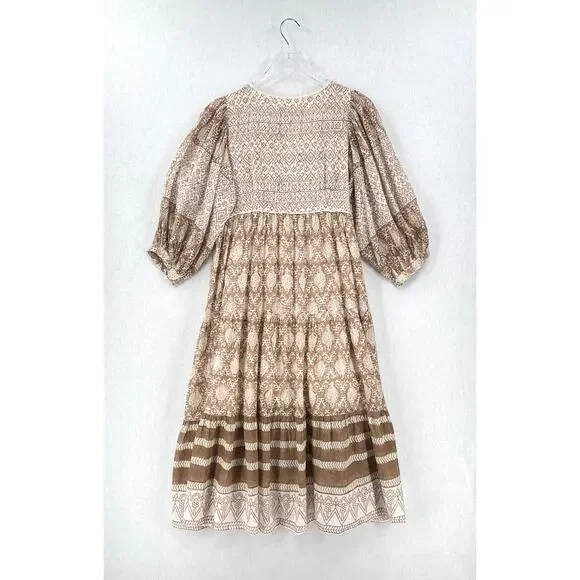 DAUGHTERS OF INDIA Jasmine Midi Dress Women Small White Brown Block Print Cotton - Picture 6 of 16